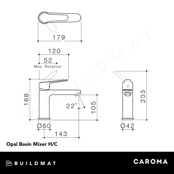 Caroma Opal Basin Mixer H/C Matte Black