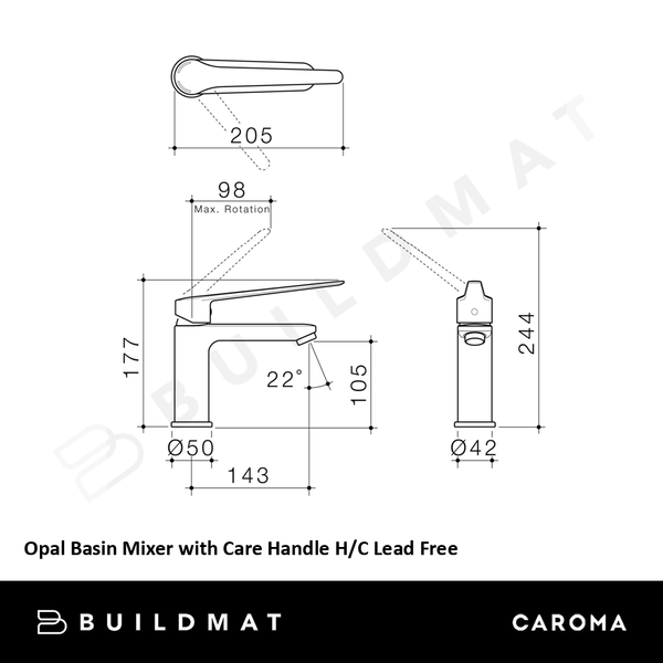 Caroma Opal Basin Mixer with Care Handle H/C Lead Free Brushed Nickel