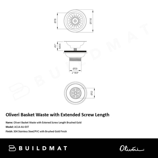 Oliveri Basket Waste with Extended Screw Length Brushed Gold