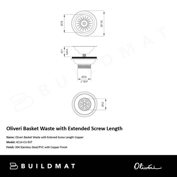 Oliveri Basket Waste with Extended Screw Length Copper