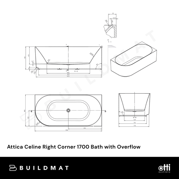 Otti Attica Celine 1700mm Right Corner Bath with Overflow Matte White