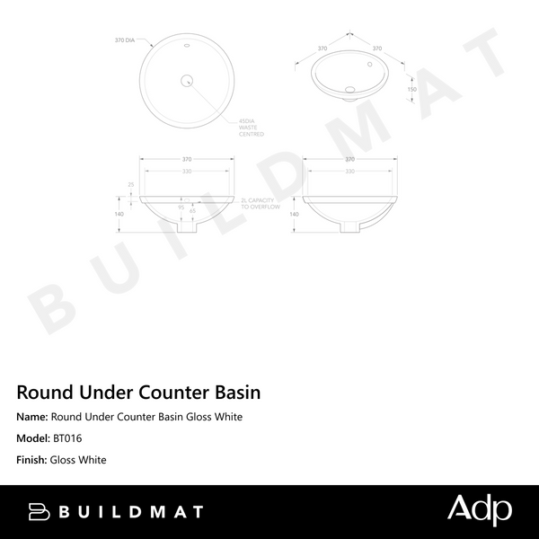 ADP Round Under Counter Basin Gloss White