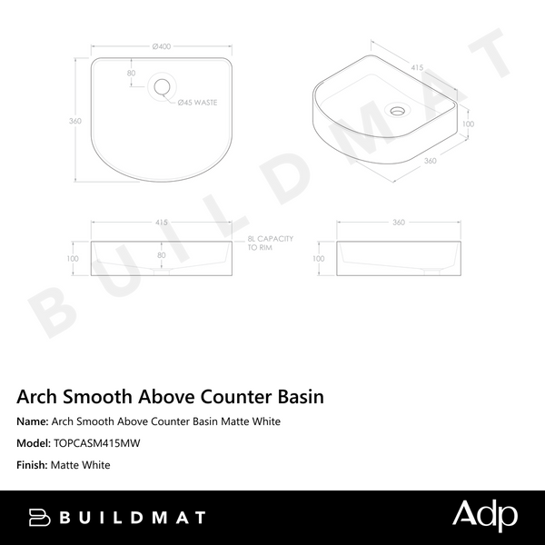 ADP Arch Smooth Above Counter Basin Matte White
