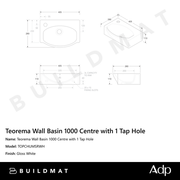 ADP Humphrey Semi Rceseed Wall Basin GW with 1 Tap Hole