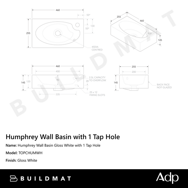 ADP Humphrey Wall Basin Gloss White with 1 Tap Hole