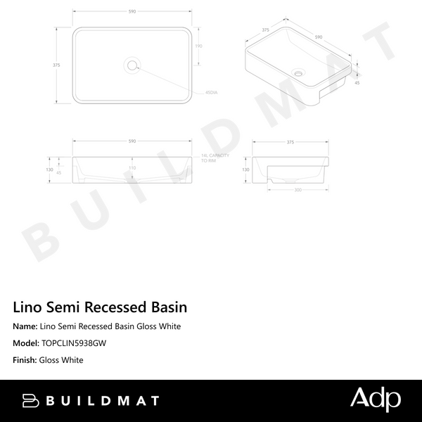 ADP Lino Semi Recessed Basin Gloss White