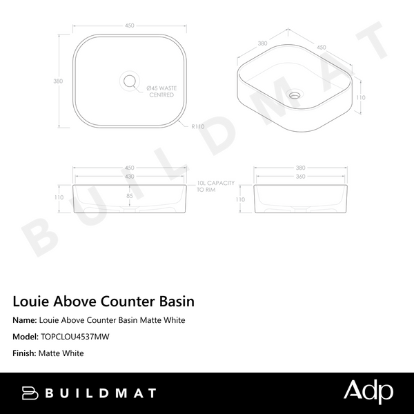 ADP Louie Above Counter Basin Matte White