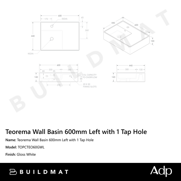 ADP Teorema Wall Basin 600mm Left with 1 Tap Hole