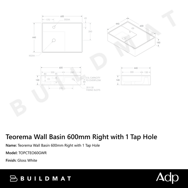 ADP Teorema Wall Basin 600mm Right with 1 Tap Hole