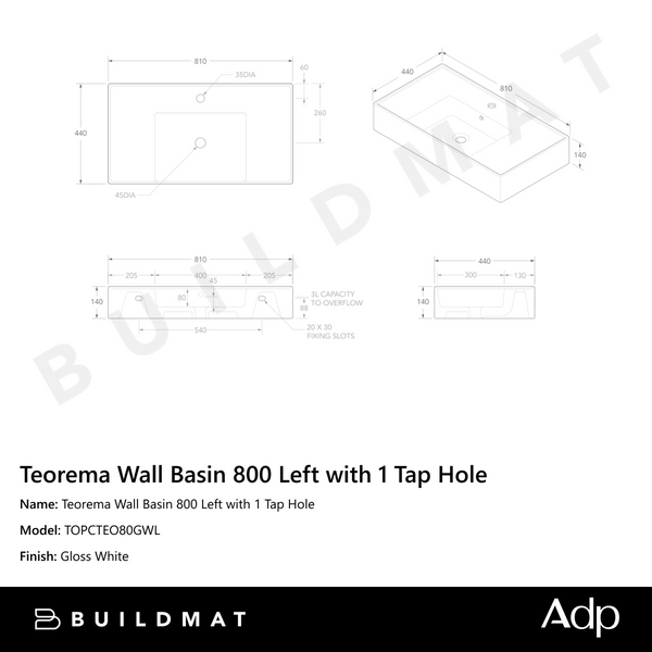 ADP Teorema Wall Basin 800 Left with 1 Tap Hole
