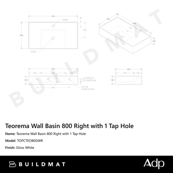 ADP Teorema Wall Basin 800 Right with 1 Tap Hole