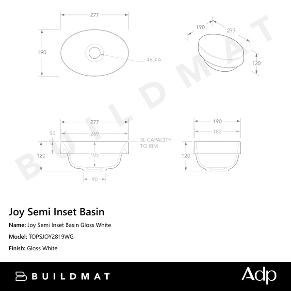 ADP Joy Semi Inset Basin Gloss White