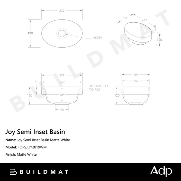 ADP Joy Semi Inset Basin Matte White