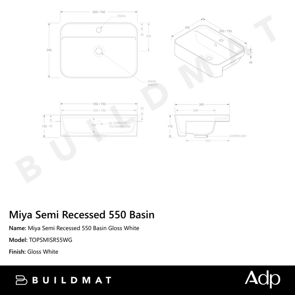 ADP Miya Semi Recessed 550 Basin Gloss White