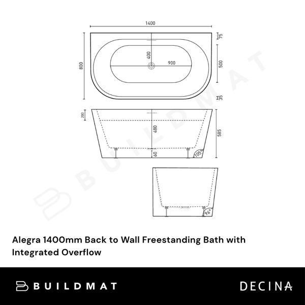 Decina Alegra 1400mm Back to Wall Freestanding Bath with Integrated Overflow Gloss White