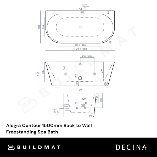 Decina Alegra Contour 1500mm Back to Wall Freestanding Spa Bath White with Chrome Jets
