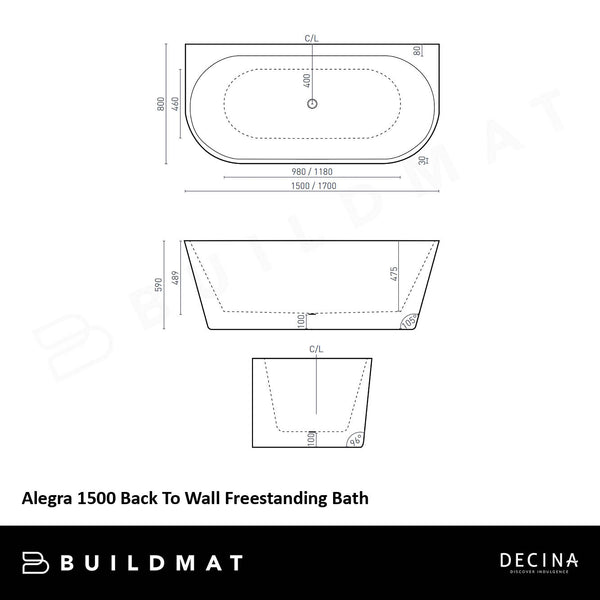 Decina Alegra 1500mm Back to Wall Freestanding Bath Gloss White