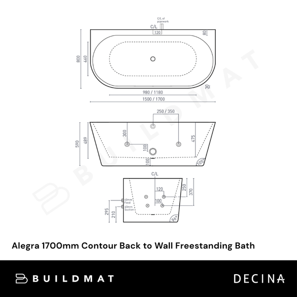 Decina Alegra 1700mm Contour Back to Wall Freestanding Bath White