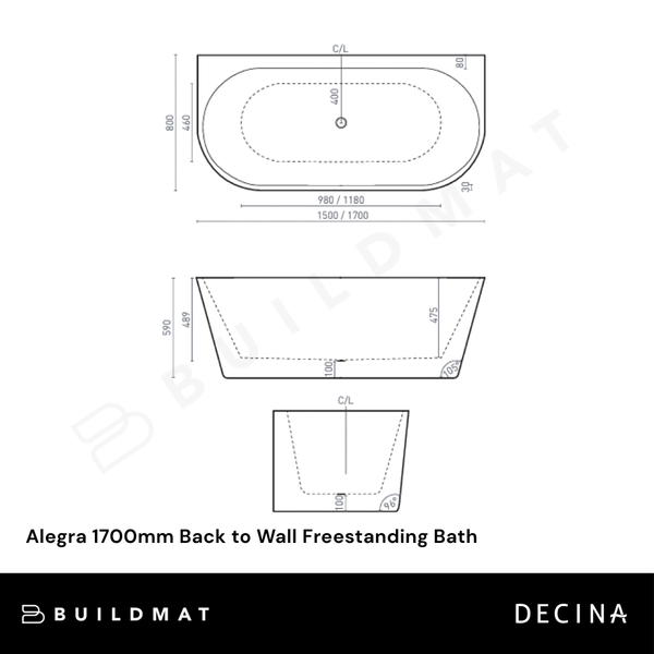 Decina Alegra 1700mm Back to Wall Freestanding Bath Gloss White