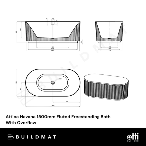Otti Attica Havana 1500mm Fluted Freestanding Bath With Overflow Gloss White
