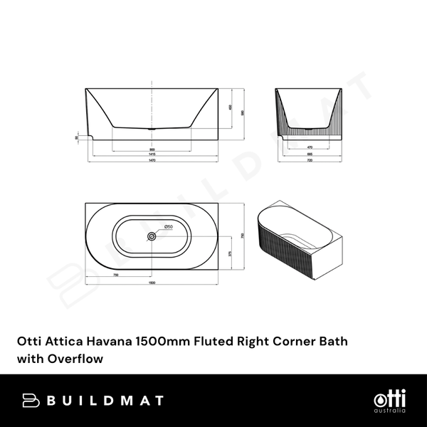 Otti Attica Havana 1500mm Fluted Right Corner Bath with Overflow Matte White