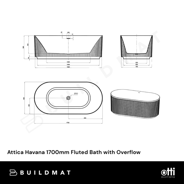 Otti Attica Havana 1700mm Fluted Bath with Overflow Matte White