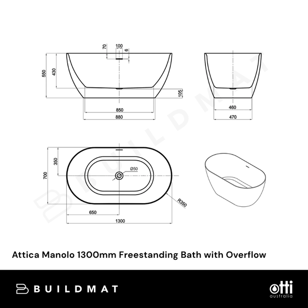 Otti Attica Manolo 1300mm Freestanding Bath with Overflow Gloss White
