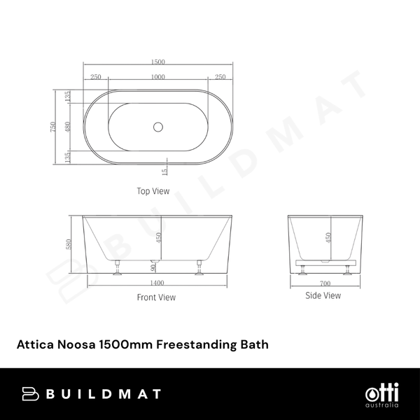 Otti Attica Noosa 1500mm Freestanding Bath Matte White