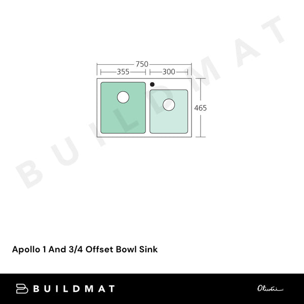 Oliveri Apollo 1 And 3/4 Offset Bowl Sink Stainless Steel (Left Main Bowl)