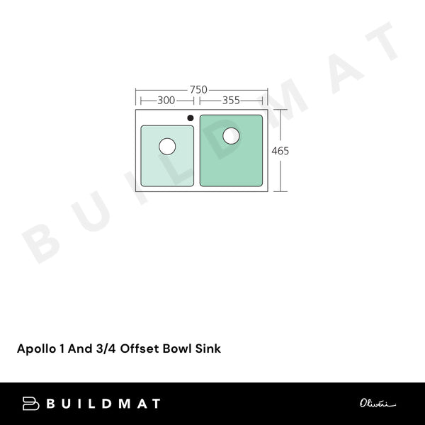 Oliveri Apollo 1 And 3/4 Offset Bowl Sink Stainless Steel (Right Main Bowl)