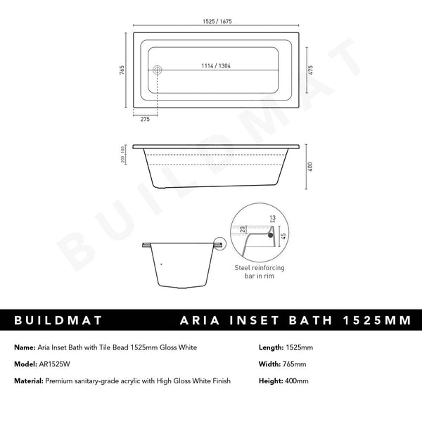 Decina Aria Inset Bath with Tile Bead Gloss White 1525mm