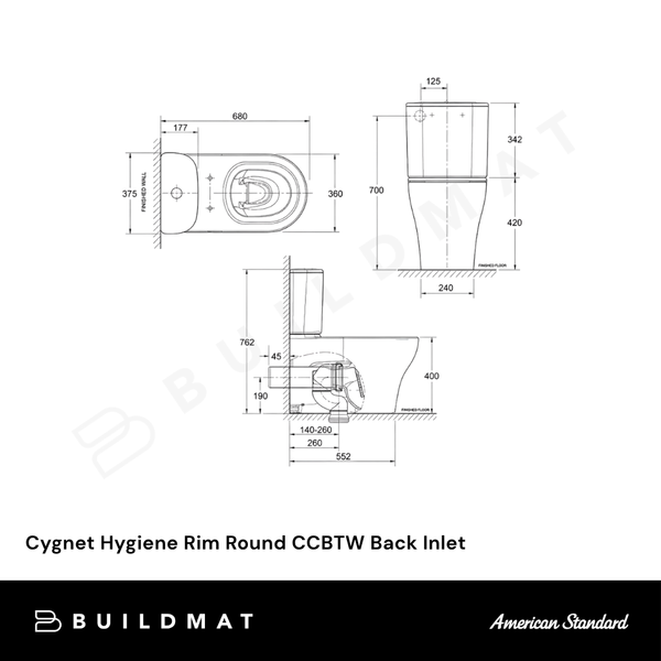 American Standard Cygnet Hygiene Rim Round Close Coupled Back to Wall (Back Inlet) White