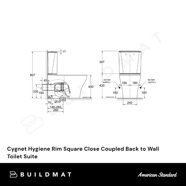 American Standard Cygnet Hygiene Rim Square Close Coupled Back to Wall Toilet Suite (Bottom Inlet) White