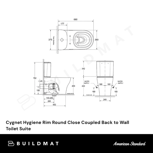 American Standard Cygnet Hygiene Rim Round Close Coupled Back to Wall Toilet Suite (Bottom Inlet) White