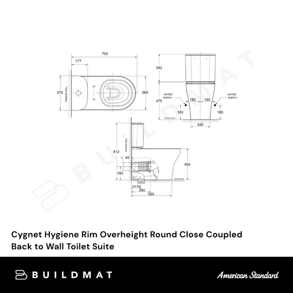 American Standard Cygnet Hygiene Rim Overheight Round Close Coupled Back to Wall Toilet Suite (Bottom Inlet) White