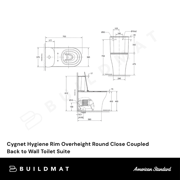 American Standard Cygnet Hygiene Rim Overheight Round Close Coupled Back to Wall Toilet Suite (Back Inlet) White
