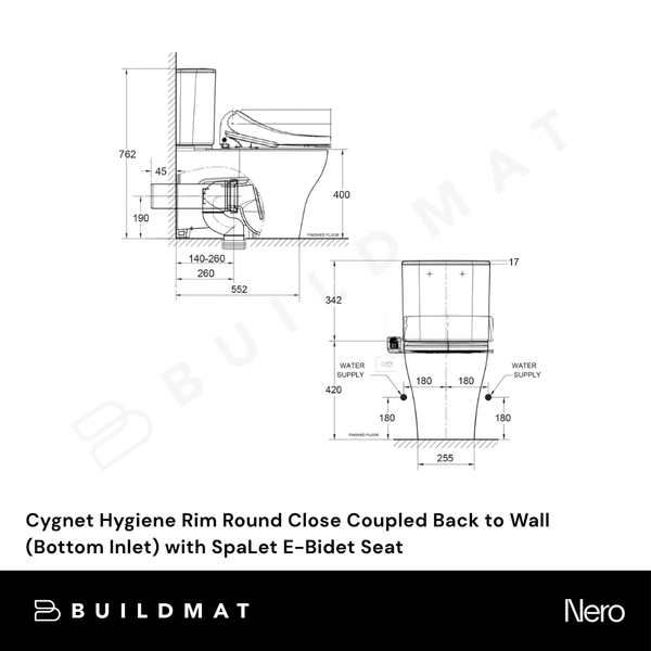 American Standard Cygnet Hygiene Rim Round Close Coupled Back to Wall (Bottom Inlet) with SpaLet E-Bidet Seat