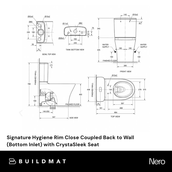 American Standard Signature Hygiene Rim Close Coupled Back to Wall (Bottom Inlet) with CrystaSleek Seat