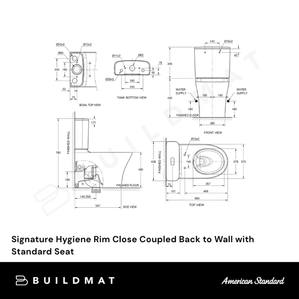 American Standard Signature Hygiene Rim Close Coupled Back to Wall (Bottom Inlet) with Standard Seat
