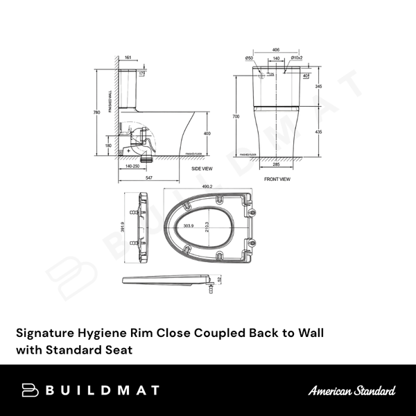 American Standard Signature Hygiene Rim Close Coupled Back to Wall Back Inlet with Standard Seat