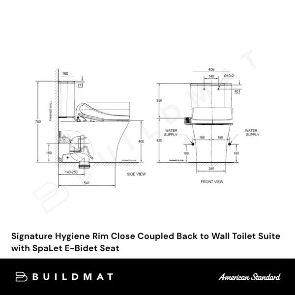 American Standard Hygiene Rim Close Coupled Back to Wall Toilet Suite with SpaLet E-Bidet Seat (Back Inlet) White
