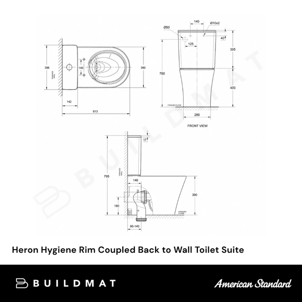 American Standard Heron Hygiene Rim Close Coupled Back to Wall Toilet Suite (Back Inlet) White
