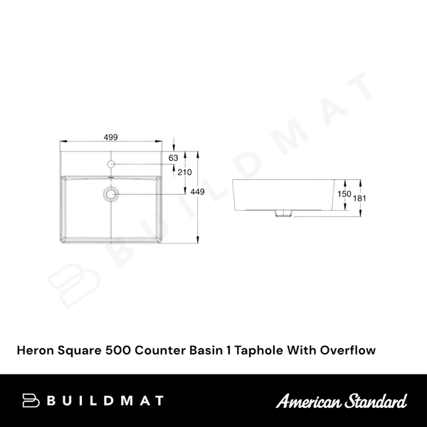 American Standard Heron Square 500 Counter Basin 1 Taphole With Overflow White