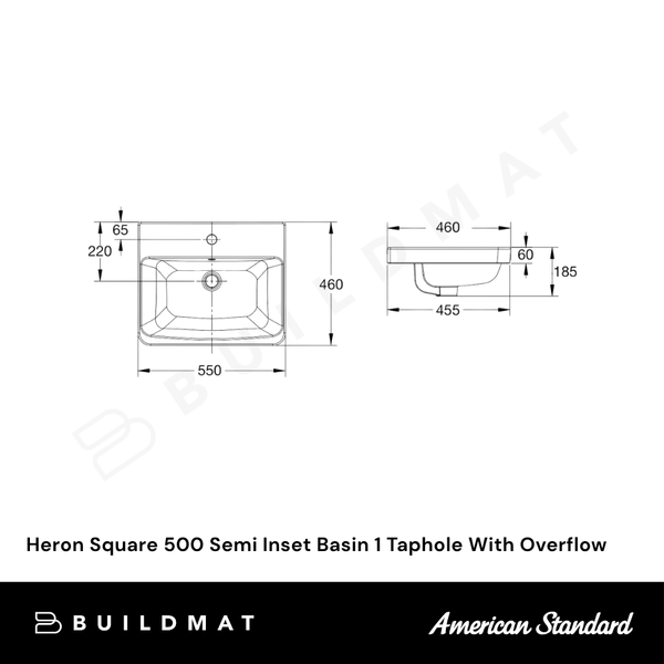 American Standard Heron Square 500 Semi Inset Basin 1 Taphole With Overflow White