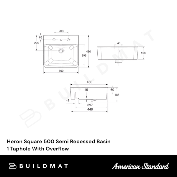 American Standard Heron Square 500 Semi Recessed Basin 1 Taphole With Overflow White