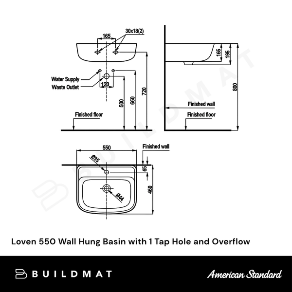 American Standard Loven 550 Wall Hung Basin with 1 Tap Hole and Overflow White