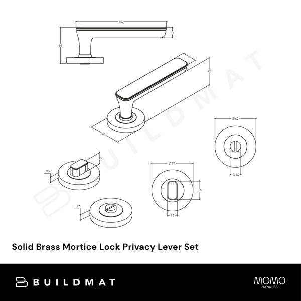 Momo Handles Aspen Solid Brass Mortice Lock Privacy Lever Set In Dull Brushed Nickel