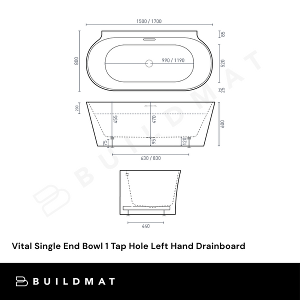 Decina Aurora 1700mm Back to Wall Freestanding Bath Matte White