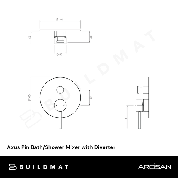 Arcisan Axus Pin Bath/Shower Mixer with Diverter (Trim Kit Only) Brushed Brass