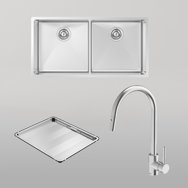 Abey Alfresco 400 Double Bowl Sink With Drain Tray and Dual Spray Kitchen Mixer Stainless Steel